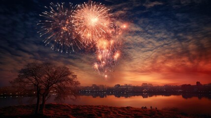 Firework explosion in the beautiful night sky celebrating happy new year 2024