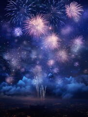 Firework explosion in the beautiful night sky celebrating happy new year 2024