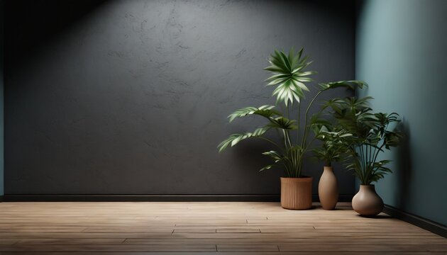 Botanical Elegance: Dark-Walled Room Enhanced with Potted Plants
