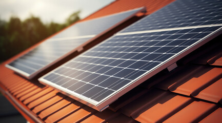 Photovoltaic panels on the roof . Roof Of Solar Panels. View of solar panels (solar cell) in the roof house with sunlight