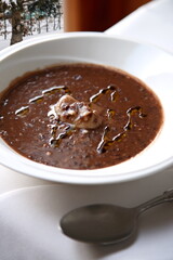 Stone Soup, classic Portuguese soup with red beans, chorizo, black pudding, bacon, onions, garlic, salt, black pepper and a well-washed stone...