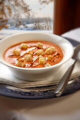 Gazpacho, traditional cold soup from the Andalusia region with tomatoes, cucumber, peppers, garlic, vinegar, olive oil and ice water
