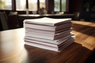 Stack of blank paper with binder clips on wooden table indoors.