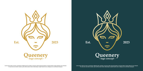 Royal queen logo design illustration. Silhouette of a royal queen's crown, beauty model of a fairy ancestral female princess. Heraldic icon symbol simple elegant glamor modern gradient luxury classy. - obrazy, fototapety, plakaty
