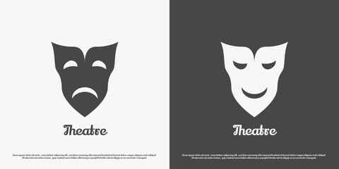 Theater mask logo design illustration. Silhouette head face mask actor actress cast acting feelings emotions opera drama orchestra party arts entertainment. Minimalist simple happy sad icon symbol. - obrazy, fototapety, plakaty