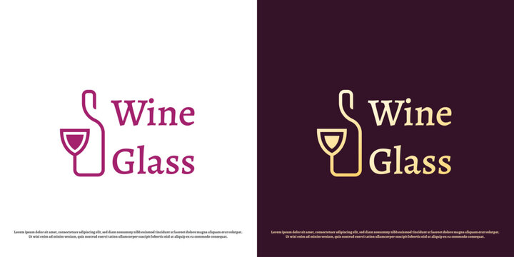Wine bottle glass logo design illustration. Silhouette of wine bottle glass beverage bar bartender barman waiter nightclub drink. Flat icon symbol simple minimalist elegant luxury glossy classy.