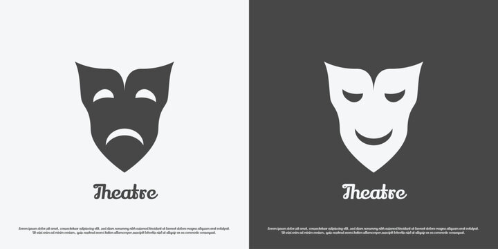 Theater mask logo design illustration. Silhouette head face mask actor actress cast acting feelings emotions opera drama orchestra party arts entertainment. Minimalist simple happy sad icon symbol.