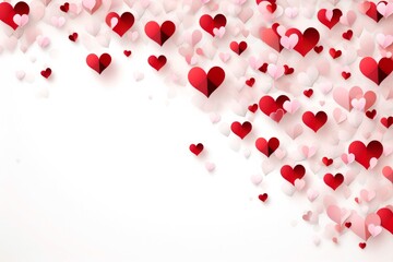 Background for Valentine's Day, wedding. Red and pink confetti hearts on a white background. Copy space.