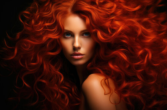 Sensual sexy beauty portrait of a red haired young woman with a healthy shiny long hair in a perfect red hair color. Closeup portrait banner