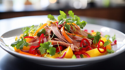 Smoked duck salad with bell pepper and coriander.