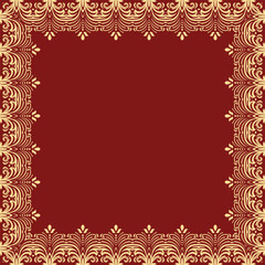 Classic vector vintage square frame with arabesques and orient elements. Abstract red and golden ornament with place for text. Vintage pattern