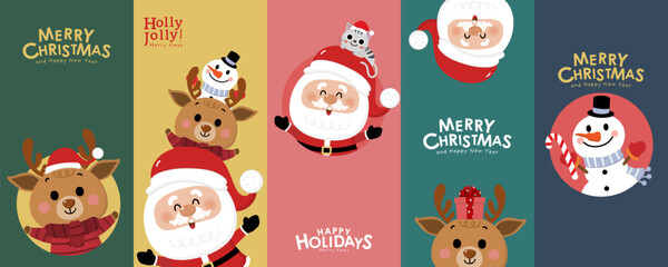 2024, animal, background, banner, card, cartoon, celebration, character, cheerful, christmas, claus, cute, december, decoration, deer, design, eve, flat, fun, funny, gift, greeting, happiness, happy, 