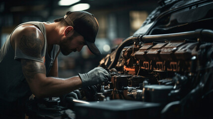 Obraz premium Motor Mingle Magic: Rugged Craftsmen Socializing with Machines, Generative AI