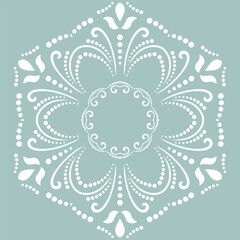Round vector snowflake. Abstract winter ornament. Light blue and white pattern with snowflake
