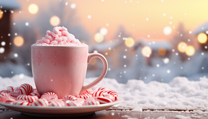 Obraz na płótnie Canvas A cozy winter scene featuring a pink cup filled with hot chocolate and marshmallows, candy canes on a snowy wooden table with festive lights.