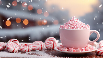 A cozy winter scene featuring a pink cup filled with hot chocolate and marshmallows, candy canes on a snowy wooden table with festive lights.