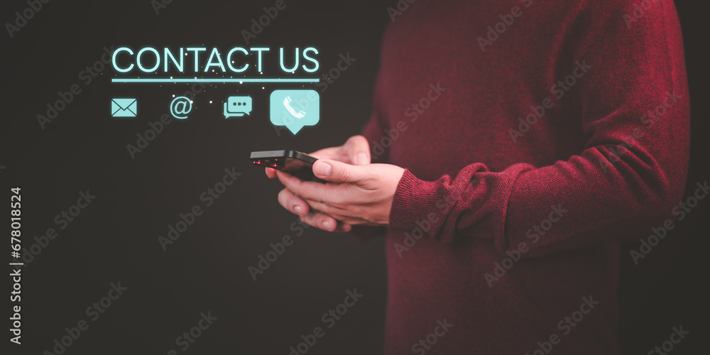 Poster contact us support hotline, people connect. user man use a smartphone with virtual screen member con
