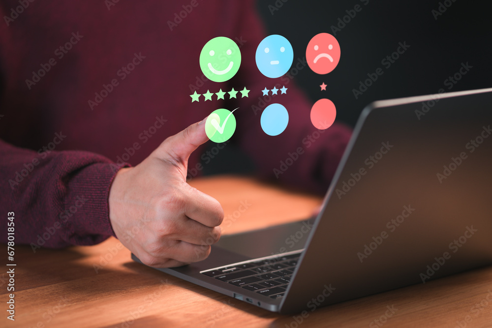 Aufkleber customer touch virtual screen on smile face icon to give satisfaction in opinion and service. custom