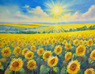 Endless fields of sunflowers under the bright rays of a summer sun, creating a sea of yellow in a peaceful countryside setting.