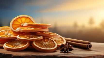 Fotobehang A stack of dried orange slices with cinnamon sticks. AI generate illustration © PandaStockArt