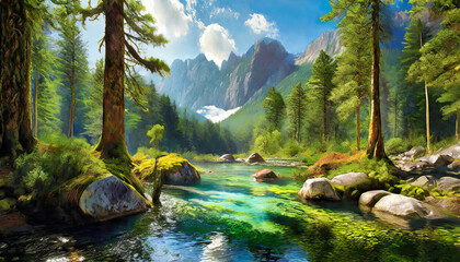 expansive forest, tall evergreen trees, a clear river, moss-covered rocks, and distant mountain...