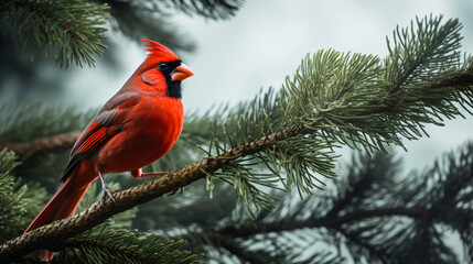 A red bird perched on a branch of a pine tree