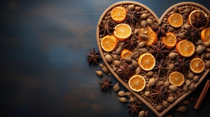 Dried orange slices and cinnamon sticks arranged in the shape of a heart. AI generate