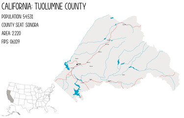 Large and detailed map of Tuolumne County in California, USA.