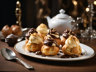 Profiteroles, a delicately crafted plate of pastries filled with rich, creamy goodness, golden-brown pastry shells, perfectly puffed and adorned with a dusting of powdered sugar.	 - obrazy, fototapety, plakaty