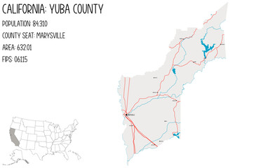 Large and detailed map of Yuba County in California, USA.