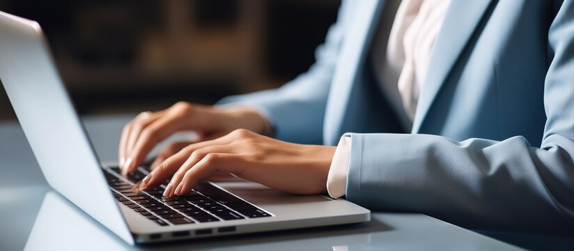 Cropped image of businesswoman typing on laptop at workplace in office