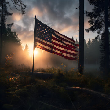 The American flag waving in the forest with the sunset in the background. Generative ai. 