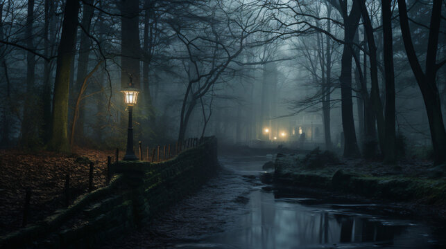 A River Running Through A Foggy Forest