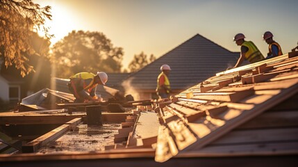 Construction workers installing roof tiles on a new residential construction site at sunset - obrazy, fototapety, plakaty