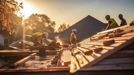 Fotobehang Construction workers installing roof tiles on a new residential construction site at sunset © Sariyono