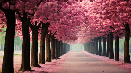 A row of trees with pink flowers