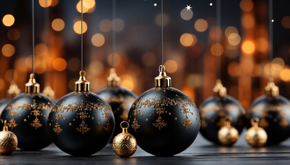 Matte black Christmas baubles with golden glitter designs on a wooden surface with bokeh lights - obrazy, fototapety, plakaty