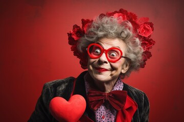 Portrait of a happy woman with red heart on a red background.Valentine's Day Concept