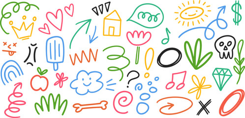 Set of cute pen line doodle element vector. Sketch underline, emphasis, arrow shape set. Children school, kindergarten vector doodle set. Vector illustration.