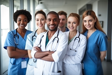 Grupo de enfermeros posando en un hospital - obrazy, fototapety, plakaty