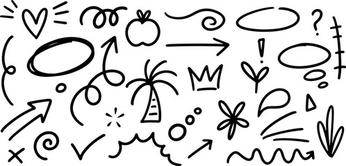 Set of cute pen line doodle element vector. Sketch underline, emphasis, arrow shape set. Children school, kindergarten vector doodle set. Vector illustration.