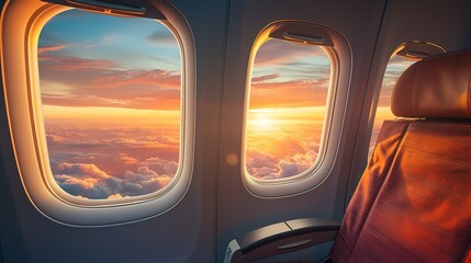 Airplane window view of clouds and sky at sunset. Travel concept