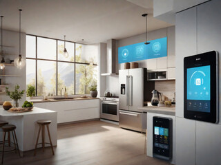 Showcase the power of the Internet of Things with a visually stunning image of a smart home filled with various connected devices and appliances AI, such as smart refrigerators, coffee makers