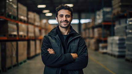 Fototapeta premium Industrial Safeguard: Men's Vigilant Eyes on Warehouse Operations , Generative AI