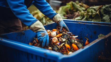 an organic waste disposal person pulling vegetables from a black waste bin