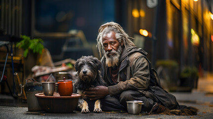 Fototapeta na wymiar Homeless poor beggar with a dog sits on the street.