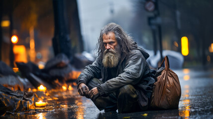 Homeless poor beggar sits on the street.