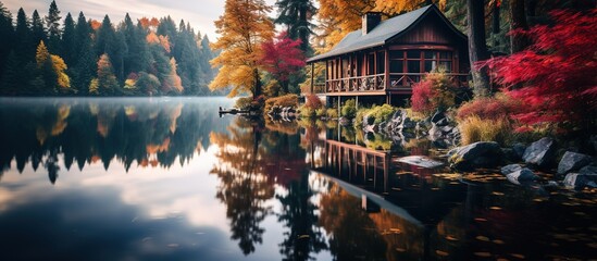 Autumn landscape with colorful trees and wooden house on the lake.