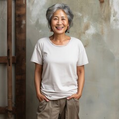 Naklejka na ściany i meble Senior Asian woman wearing empty blank tshirt