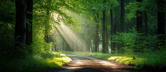 Gardinen Sunlight in the green forest. Panoramic image of a summer morning © Sariyono